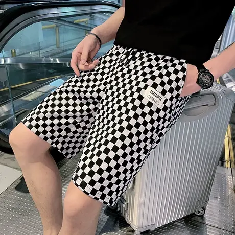 夏季男士短裤五分裤裤子马裤修身休闲潮流薄款运动棋盘格格子中裤商品大图