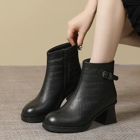 2023加绒全牛皮真皮短靴女中跟大码女靴41一43冬季新款棉靴女加厚图片