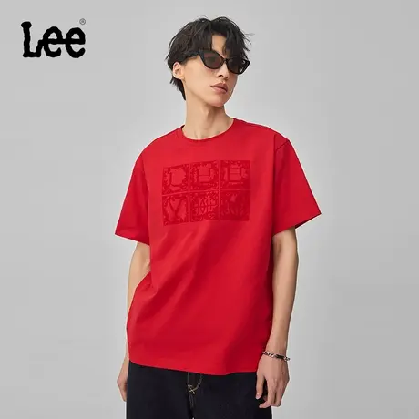 Lee商场同款24早春新品舒适版圆领中国剪纸植绒图案印花男短袖T恤图片