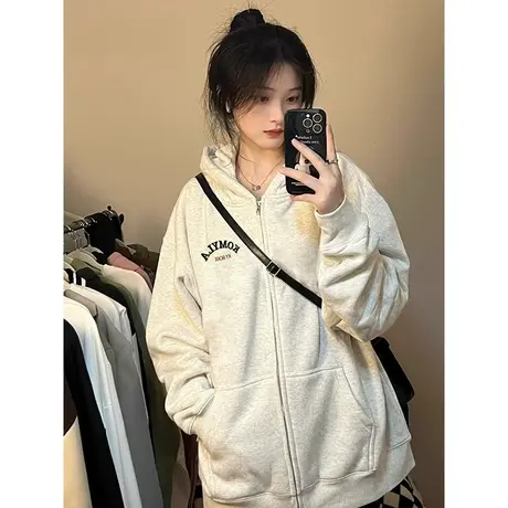 美式复古卫衣女秋冬季小个子高级感上衣宽松连帽加绒加厚开衫外套图片