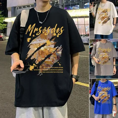 复古油画设计感纯棉短袖t恤男夏季宽松ins潮牌男装2023新款上衣服商品大图