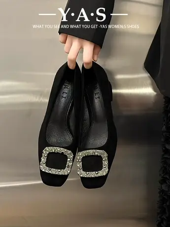 高跟方头水钻高级感单鞋女鞋子2024新款春季黑色气质粗跟通勤鞋潮商品大图