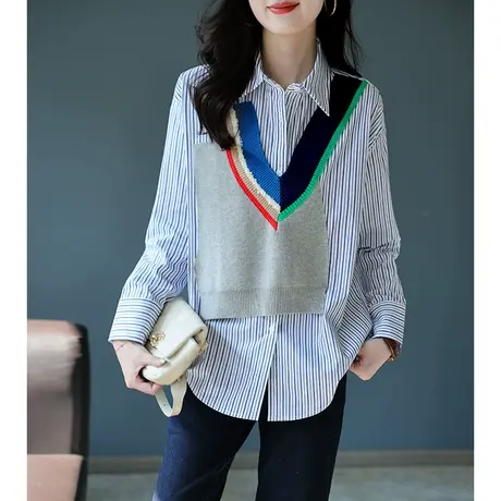 宝诗黎假两件针织拼接条纹衬衫设计感春装女2023通勤百搭衬衣新款商品大图