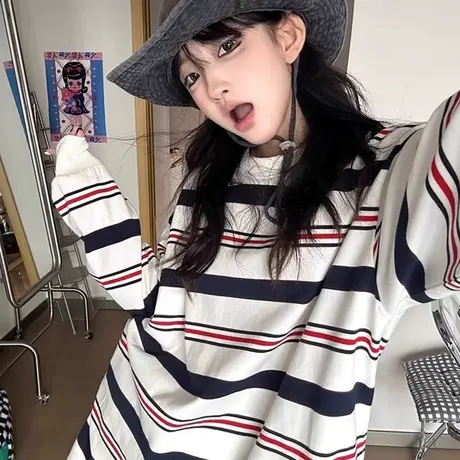 条纹长袖卫衣女春秋薄款小众设计感宽松显瘦潮牌美式复古t恤上衣商品大图