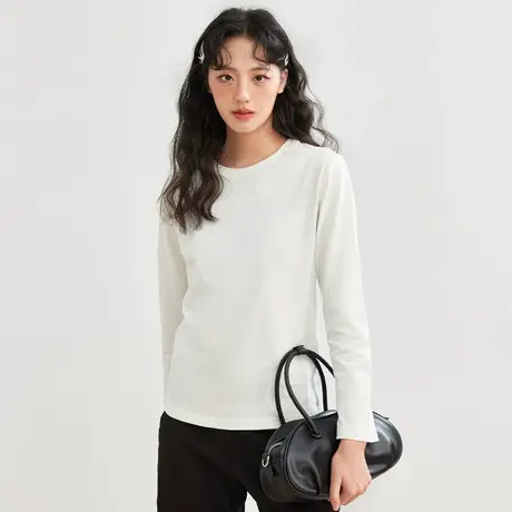 真维斯Z+女装 正肩显瘦圆领上衣纯色简约百搭纯棉长袖T恤X图片