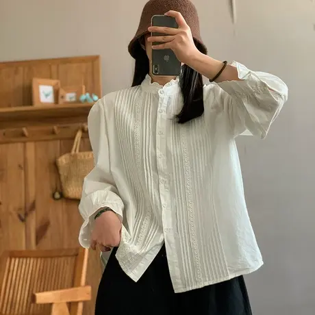 dza 复古白色荷叶领长袖衬衫女春季新款宽松风琴压褶上衣休闲衬衣图片