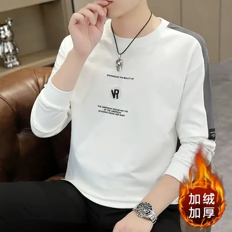 加绒加厚圆领卫衣男士秋冬季新款潮牌休闲长袖T恤青年秋衣打底衫商品大图