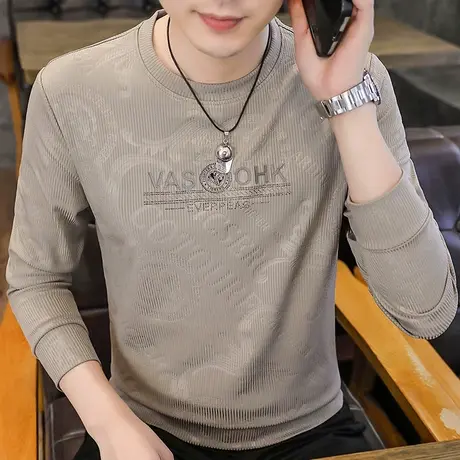 长袖T恤男秋季新款潮流时尚暗纹休闲百搭帅气圆领卫衣打底衫上衣图片