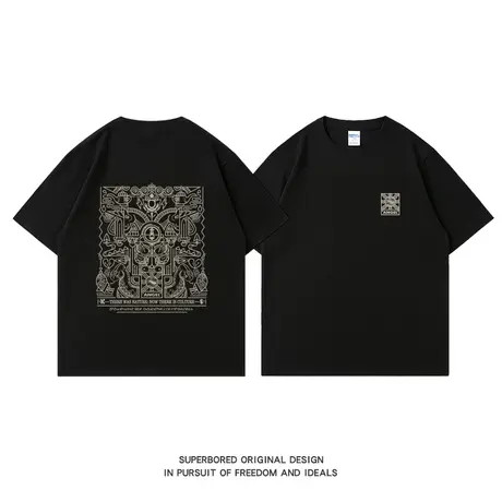 夏季美式复古潮牌图腾印花纯棉短袖t恤男宽松休闲半袖体恤衫图片