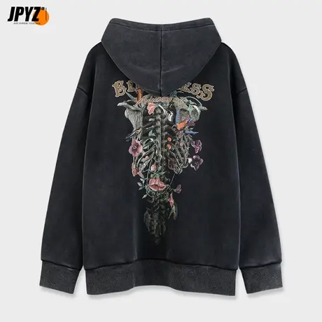 秋冬上衣做旧印花美式高街连帽卫衣男加绒重磅休闲宽松情侣帽衫潮商品大图