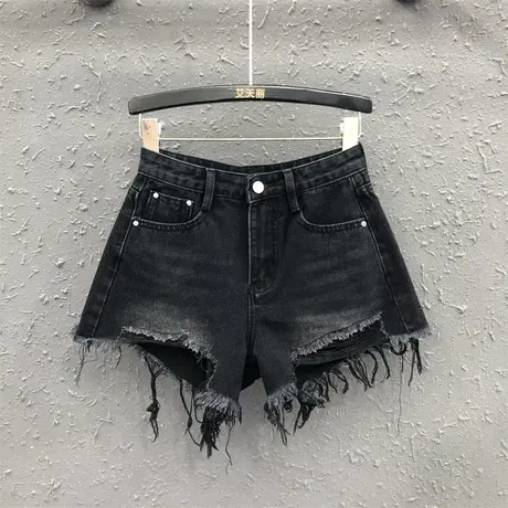 韩版阔腿裤女2024春夏新款黑色个性毛边休闲高腰显瘦百搭牛仔短裤图片