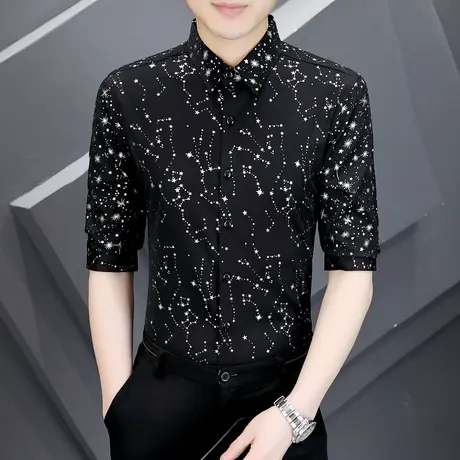夏季衬衫男士七分袖潮牌痞帅气个性烫金花衬衣社会风夏装免烫短袖商品大图