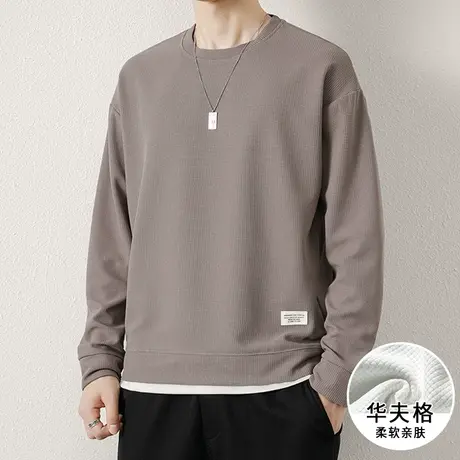 华夫格长袖T恤男秋冬季潮流圆领套头上衣宽松休闲加绒打底衫卫衣商品大图