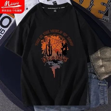 欧美高街ins复古短袖男t恤宽松潮牌圆领纯棉青少年内搭春夏款半袖图片