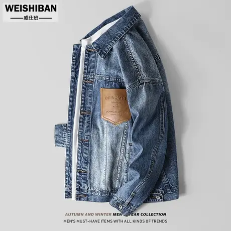 设计感小众时髦拼接皮标牛仔夹克男秋季潮流ins怀旧水洗工装外套商品大图