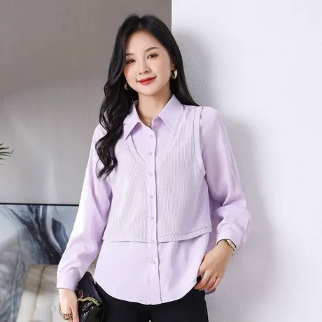 伊自尚大码女装2023秋季新款胖mm法式拼接针织假两件衬衫长袖上衣商品大图