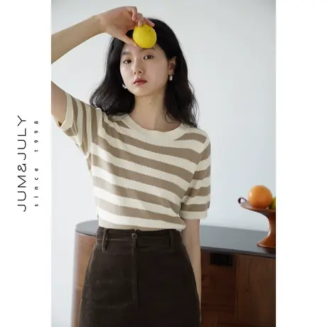 嘉茱莉2023秋季新款条纹针织短袖女短款纯棉针织T恤小众套头上衣图片