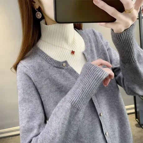 拼色中领假两件长袖毛衣女2023春季宽松韩版时尚外穿针织开衫上衣商品大图