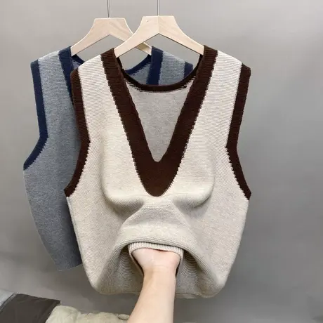 拼色针织背心马甲女春秋坎肩毛衣叠穿搭配衬衫外穿马夹早春装2023商品大图