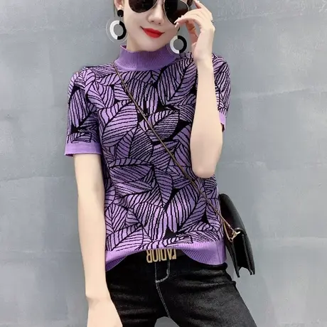 2023夏装新款时尚提花T恤女短袖显瘦洋气上衣半高领针织打底衫女商品大图