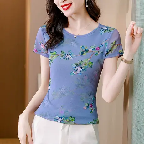 复古印花短袖T恤女士2023夏装新款性感修身网纱上衣别致圆领体恤商品大图