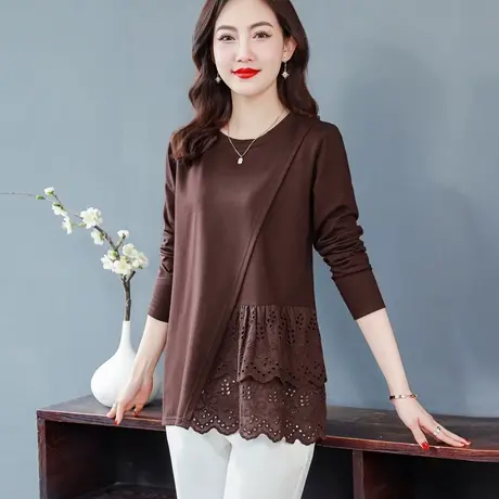 中长款时尚打底衫女2023秋装新款减龄镂空拼接宽松遮肚子蕾丝小衫商品大图