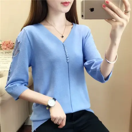 2022秋季新款冰丝V领蕾丝镂空针织衫t恤七分袖纽扣半袖打底衫上衣商品大图