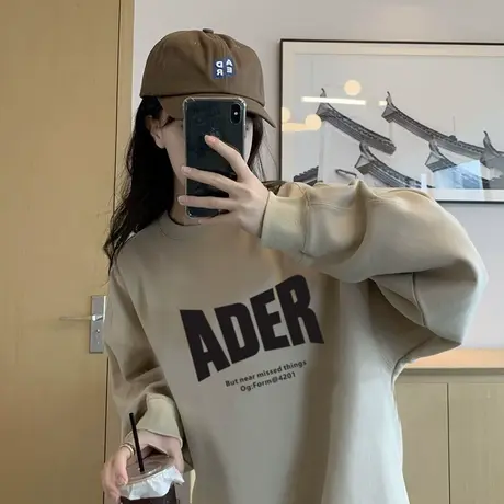 卡其色加绒卫衣女秋冬2023新款美式复古宽松慵懒中长款遮屁股上衣商品大图