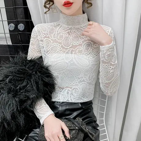蕾丝打底衫女2022秋冬新款小衫纯色洋气内搭镂空别致薄款网纱上衣图片