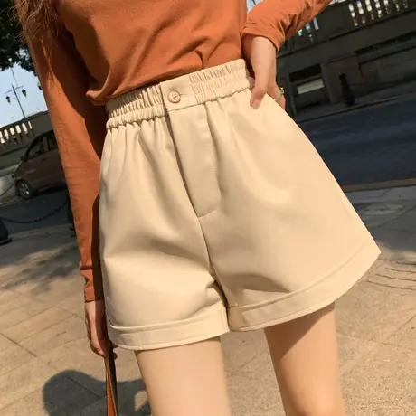 ins风咖色高腰皮短裤女秋冬季2022年新款a字阔腿裤棕色靴裤子柔软图片