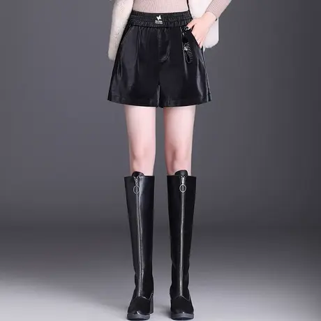 黑色皮短裤女秋冬2023新款松紧腰a字阔腿裤外穿显瘦皮裤休闲靴裤图片