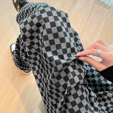 棋盘格运动裤女春秋2023年新款高腰直筒宽松显瘦休闲阔腿两穿卫裤商品大图