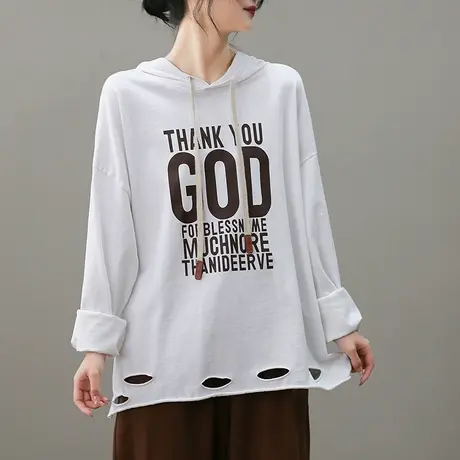 dza复古短款破洞连帽长袖t恤女士春季新款宽松内搭打底衫漂亮上衣商品大图