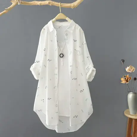 夏装2023新品中长款印花长袖衬衫女宽松连帽防晒衣开衫衬衣薄外套商品大图