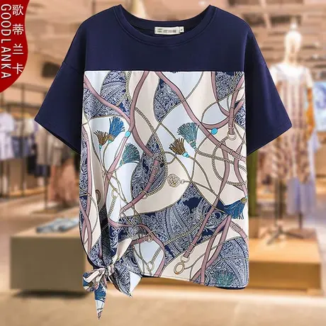 大码中年胖妈妈夏装短袖t恤女2023新款宽松时尚雪纺印花拼接上衣商品大图