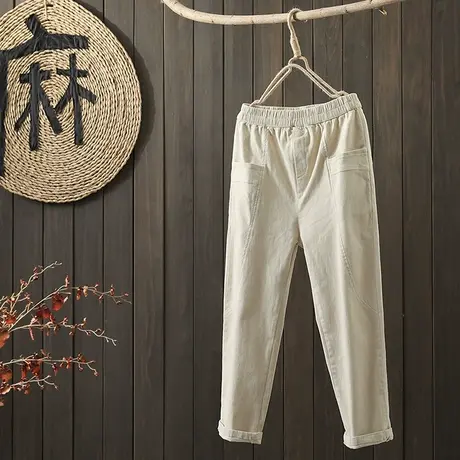 枫谜2021年秋装新款文艺简约大口袋休闲长裤女宽松显瘦小脚哈伦裤图片