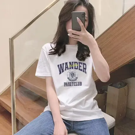 美式白色短袖t恤女上衣2023新款夏季潮牌印花宽松纯棉体恤打底衫商品大图