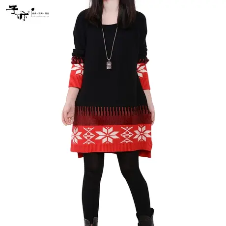 子亦春装新款韩版大码宽松拼接长袖胖MM插肩袖毛衣裙女装商品大图