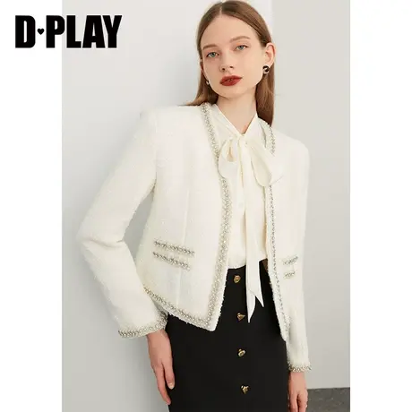 DPLAY【黑标】秋装新法式优雅重工钻链装饰时尚白粗花呢外套商品大图