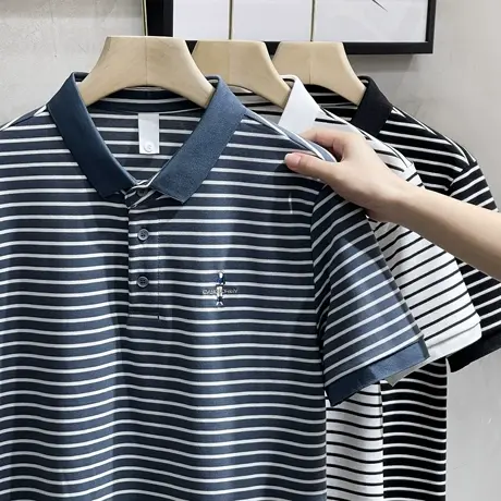条纹短袖POLO衫男珠地棉2023新款夏季商务休闲翻领t恤半袖男上衣商品大图