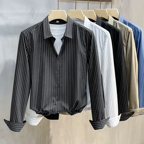 竖条纹长袖衬衫男春秋高级感男装休闲黑白色商务职业正装衬衣潮流商品大图