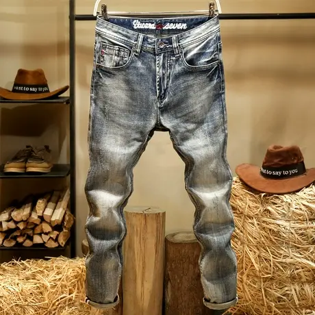 美式重磅牛仔裤男款猫须修身小脚裤ins潮流复古蓝做旧休闲长裤子图片