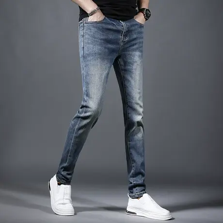 香港潮牌牛仔裤男2023夏季新款蓝色修身小脚弹力百搭男士薄款裤子商品大图