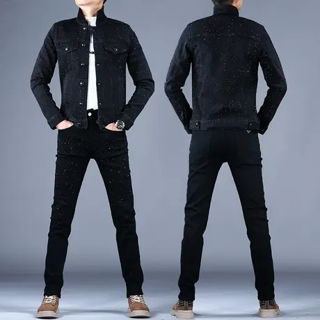春秋薄潮牌男款烫钻牛仔套装男2023新款休闲牛仔外套上衣夹克弹力图片