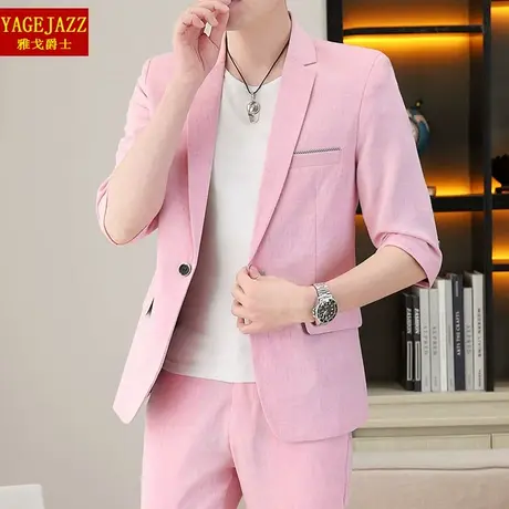 夏季中袖小西装男修身韩版潮西服套装男士休闲薄款青年七分袖外套商品大图