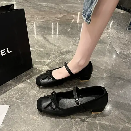 永希单鞋女夏季2023年新款粗跟浅口高跟鞋蝴蝶结气质时尚玛丽珍鞋商品大图