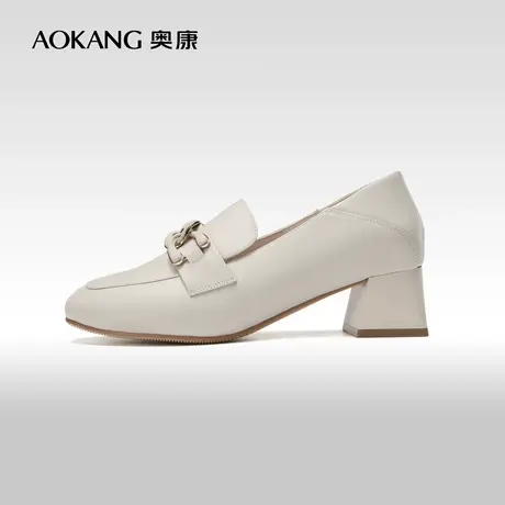 奥康女鞋春秋款真皮简约乐福鞋通勤粗跟舒适套脚小皮鞋时尚单鞋商品大图