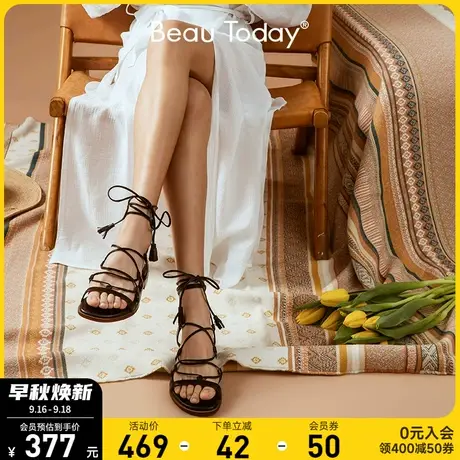 BeauToday夏季绑带罗马凉鞋女鞋真皮软底中粗跟平底系带法式小众商品大图