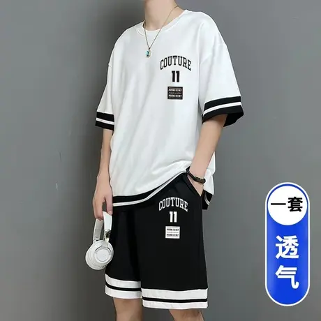 青少年夏季冰丝运动套装男孩帅气短袖短裤初中高中学生大童篮球服商品大图