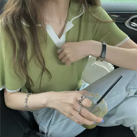 胖mm大码法式复古洋气短袖拼色polo衫针织T恤上衣小衫女夏装200斤商品大图